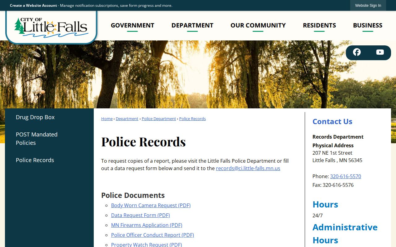 Little Falls Police Records page for Morrison County arrest record requests