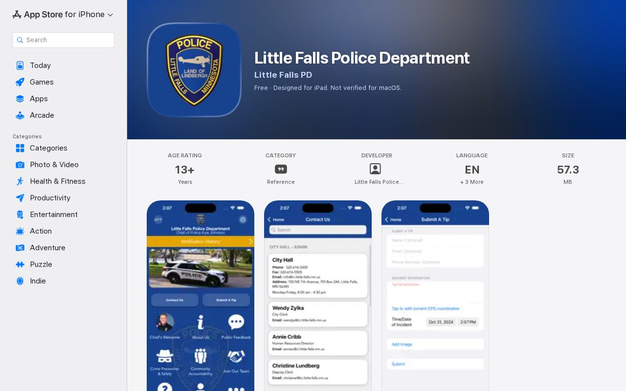 Little Falls Police app listing for Morrison County public-safety alerts